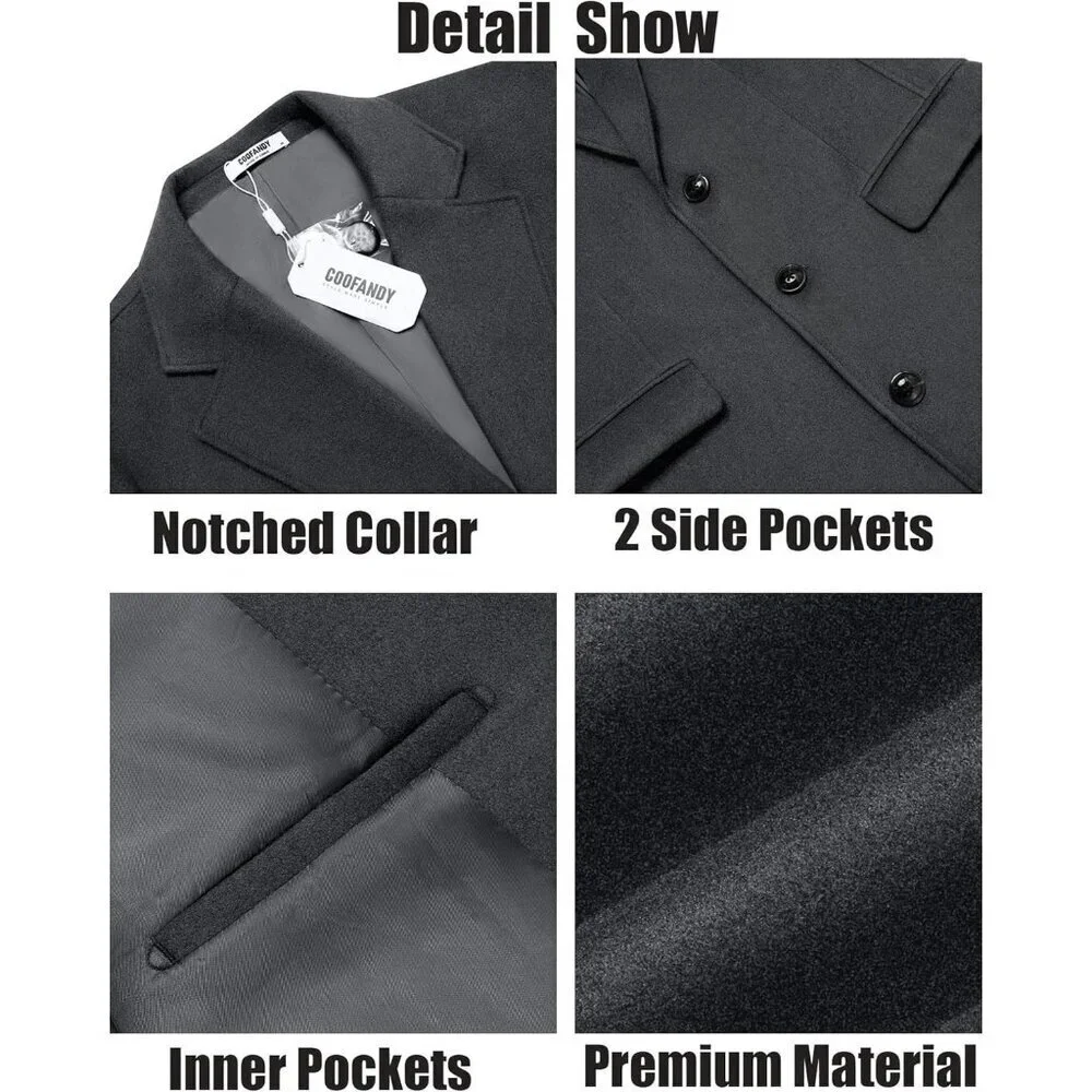 Men's Dark Grey Trench Coat Long Casual Notched Collar Wool Blend Pea coat